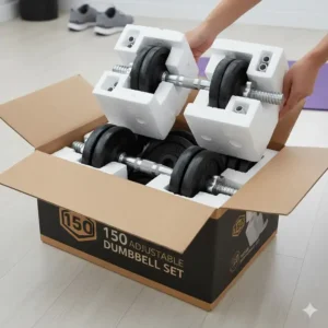"Unboxing view of the new 150 lbs dumbbell set, showing secure packaging and all included components before assembly."