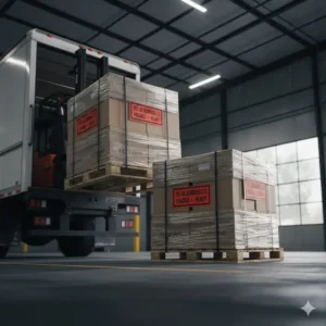 A pallet with heavy-duty packaging showing the secure freight delivery of a new set of 115 lb dumbbells.