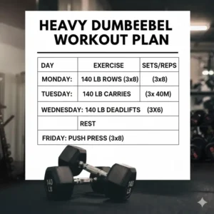 A graphic overlaying a training schedule with images of exercises that require 140 pound dumbbells, such as heavy rows and carries.
