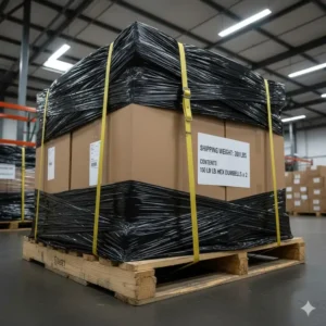 Secure packaging and strapping of the newly purchased 150 lbs dumbbells set on a wooden shipping pallet.
