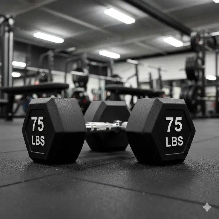 A pair of professional 75 lbs dumbbell equipment resting on a black rubber gym floor.