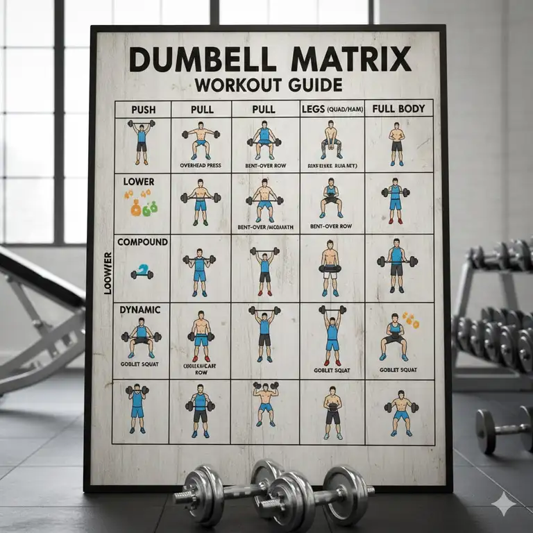 A comprehensive dumbbell matrix chart displaying a variety of strength training exercises organized by muscle group.