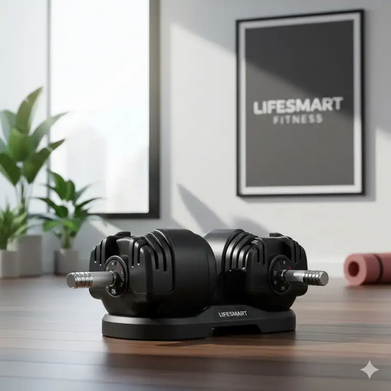A complete lifesmart dumbbell set displayed on a rack in a modern home gym environment.