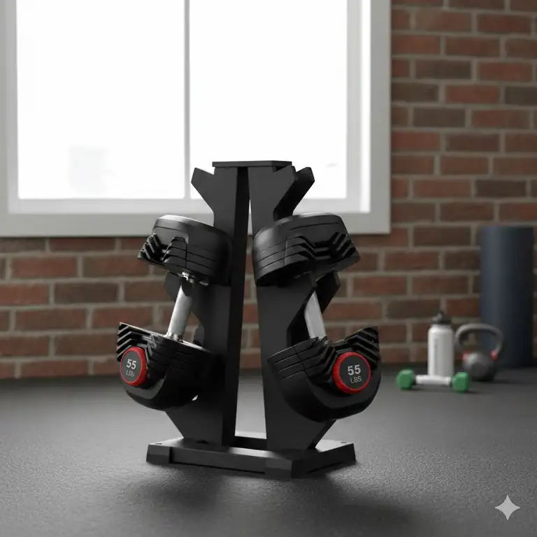 A professional home gym setup featuring the mx55 adjustable dumbbells on their storage rack.