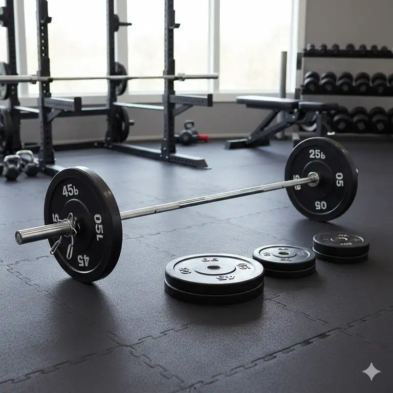 A professional gym setup featuring a complete 200 lbs weight set with a barbell and iron plates.