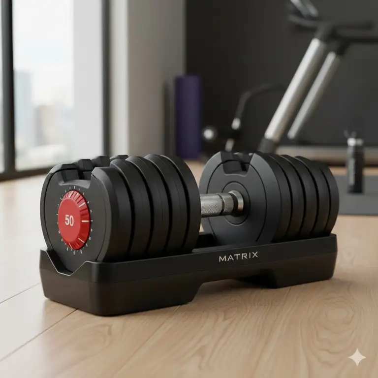 A professional gym set featuring the high-quality matrix adjustable dumbbells on a modern floor.