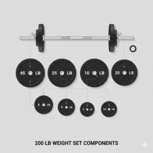 An illustrated breakdown of a 200 lb weight set showing the barbell, spring collars, and various incremental weight plates.