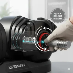 Illustration showing the easy-to-use adjustment dial on a lifesmart dumbbell set for quick weight changes.