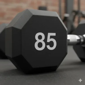 A detailed close-up showing the weight engraving on the side of 85 lb dumbbells.