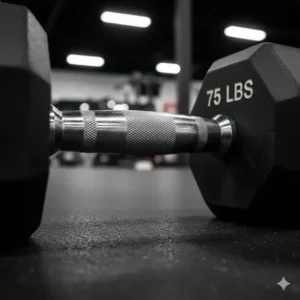 Close-up detail of the chrome knurled handle on a heavy 75 lbs dumbbell.