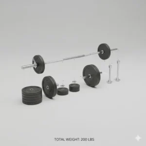 Detailed illustration showing all the individual plates and bars included in a 200 pound weight set.