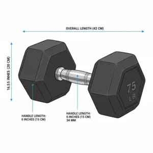 Technical diagram showing the exact length and handle diameter of a 75 lb dumbbell set