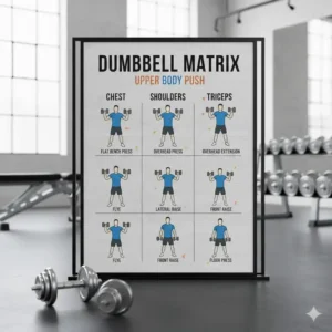 Illustration of the upper body push segment of a dumbbell matrix featuring chest presses and overhead lifts.