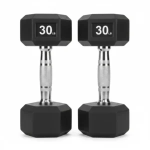 A matching set including a pair of 30 lb dumbbell rubber weights for home gym training.
