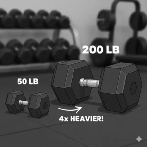 A size comparison showing a 200 lb dumbbell pair next to a standard 50 lb set to highlight the massive scale
