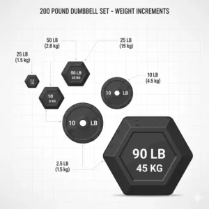 Detailed view of various weight plates included in the 200 pound dumbbell set.