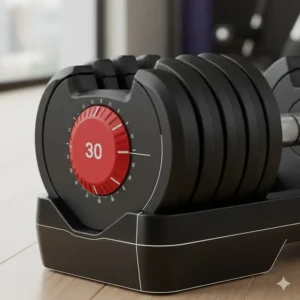 Close-up view of the adjustment dial on matrix adjustable dumbbells for quick weight selection.