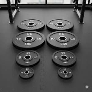 Overhead view showing the variety of plates included in this 200 lbs weight set.