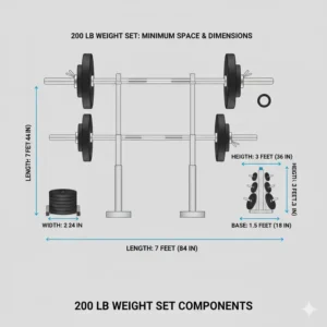 Illustration showing the storage dimensions and floor space required for a standard 200 lb weight set.