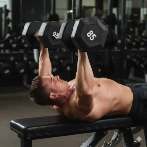 A fitness athlete performing a heavy chest press using 85 lb dumbbells