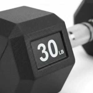 Detailed close-up showing the durable black coating of the 30 lb dumbbell rubber casing.