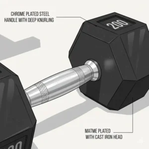 Close-up view of the knurled steel handle and cast iron head of a 200 lb dumbbell pair.