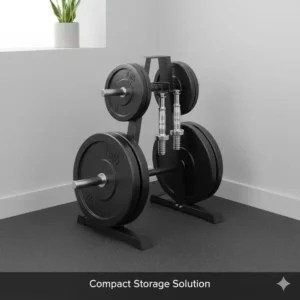A 200 pound weight set neatly organized on a vertical storage rack to save space.