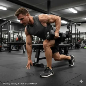 A muscular athlete performing a single-arm back row with a 75 lbs dumbbell.