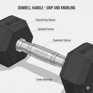 Close-up of the ergonomic chrome handle belonging to a 200 pound dumbbell set.