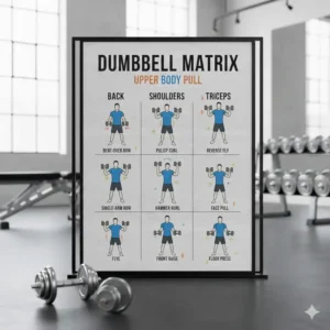 Diagram showing dumbbell matrix pulling movements including bent-over rows and reverse flies.