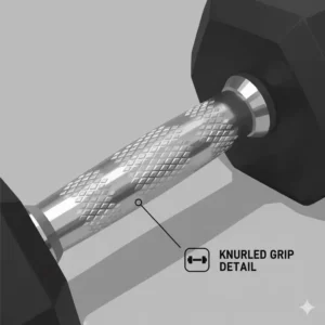 Close-up view of the chrome knurled handle providing a secure grip for this 75 lb dumbbell set.