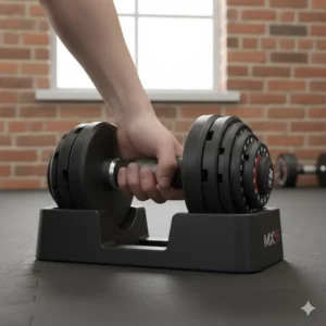A user adjusting the weight plates of the mx55 adjustable dumbbells for a customized workout.