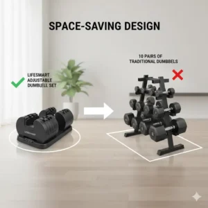 A diagram comparing the small footprint of a lifesmart dumbbell set to a traditional rack of separate dumbbells.