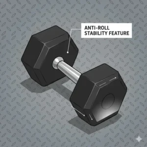 Graphic illustrating the hexagonal anti-roll design of the rubber encased 75 lb dumbbell set.