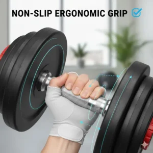 Close-up illustration of the textured, non-slip ergonomic handle of a lifesmart dumbbell set