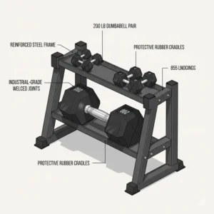 An industrial-grade storage rack specifically designed to hold a 200 lb dumbbell pair safely.
