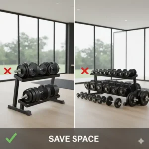 A comparison showing the compact design of an adjustable dumbbell set 200 lbs versus traditional equipment.