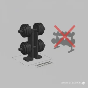 Diagram showing the space-saving and compact footprint of the mx55 adjustable dumbbells system.