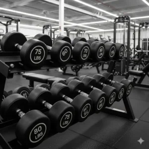 A row of heavy weights including a 75 lbs dumbbell organized on a steel storage rack.