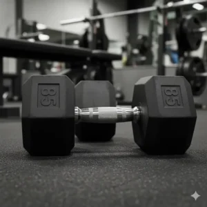 Professional grade rubber hex 85 lb dumbbells placed on a protective gym mat.