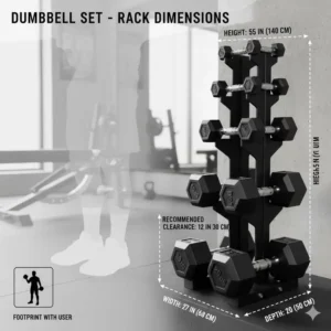 Dimensions and space requirements for a compact 200 pound dumbbell set storage rack.