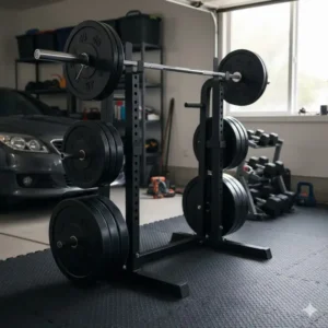 A home garage gym organized with a heavy-duty 200 lbs weight set on a rack.