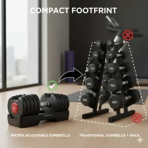 Comparison graphic showing the compact footprint of matrix adjustable dumbbells versus a full rack.