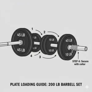 Instructional graphic showing how to evenly distribute plates on a 200 lb weight set barbell for safety.