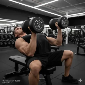 A lifter in the starting position for a chest press exercise using a 75 lbs dumbbell.