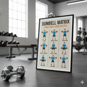 A visual guide to the hinge portion of a dumbbell matrix featuring deadlifts and swings.