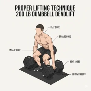 Diagram illustrating the correct form for safely deadlifting a 200 lb dumbbell pair from the floor.