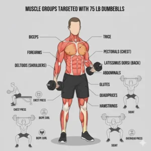 Muscle anatomy chart highlighting the primary exercises performed with a 75 lb dumbbell set.