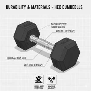 Durable rubber-encased hex heads of a premium 200 pound dumbbell set.
