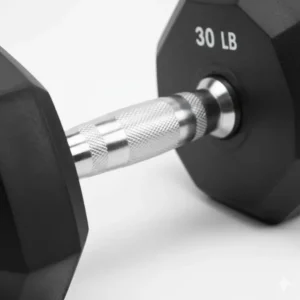 Close-up of the ergonomic knurled chrome handle on the 30 lb dumbbell rubber unit.